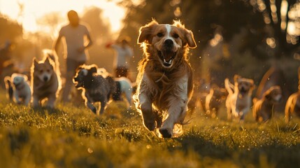 Group of Dogs Running and Playing in a Grassy Field during Sunset