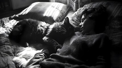 Sleeping Woman with Cat on Bed in Noir Atmosphere - obrazy, fototapety, plakaty