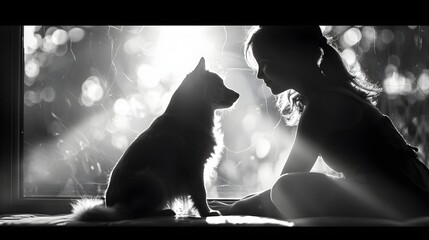 Woman and Dog in Black and White with Ethereal Light Effects