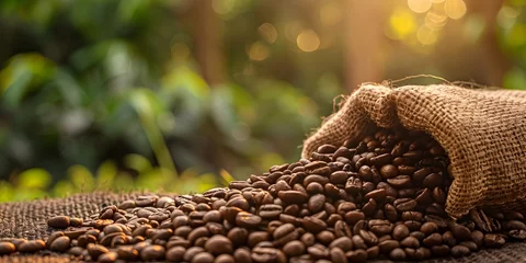 Poster Sack of Coffee Beans Basking in the Sunlight, To showcase the natural beauty of coffee beans in various outdoor settings © Bussakon