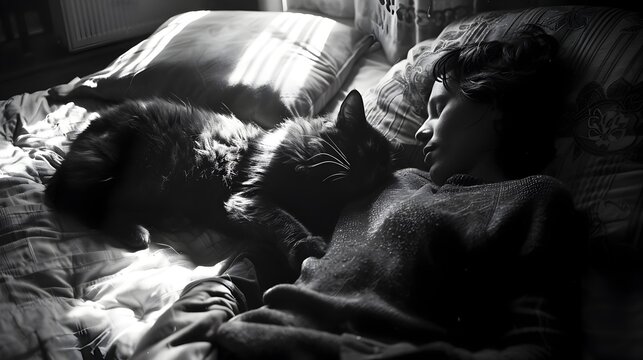 Sleeping Woman with Cat on Bed in Noir Atmosphere