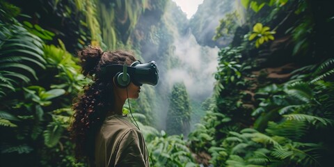 Woman in Virtual Reality Headset Exploring Mysterious Jungle, To showcase the potential of virtual...
