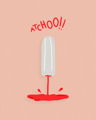 Tampon illustration that loses blood while sneezing, funny period menstruation illustration on pink background