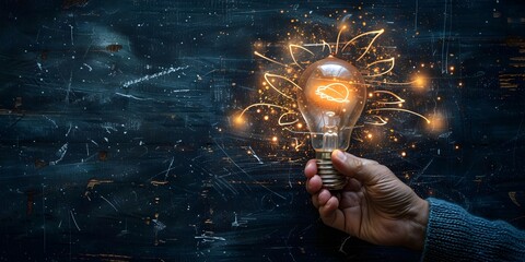 Hand Holding Sparking Light Bulb in Style of Technological Marvels, To convey a sense of creativity, invention, and technological - obrazy, fototapety, plakaty