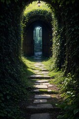 Fototapeta na wymiar 3d rendering of a fantasy doorway portal framed by green vines leading into a idyllic garden. Generative A