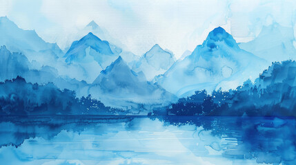 landscape in Cerulean Blue watercolor style 