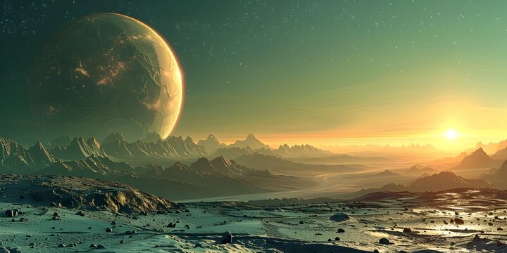 Stunning Alien Planet with Mountains and Desert, To provide a visually striking and otherworldly image for use in science fiction or fantasy