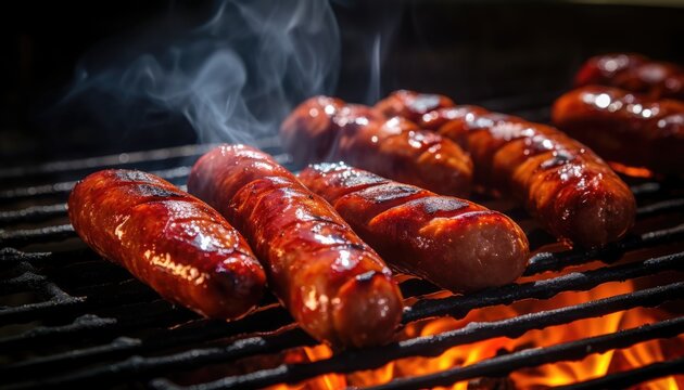 A group of hot dogs sizzling and cooking on a grill, creating a delicious aroma and tempting appearance. The sausages are browning and releasing juices as they are being grilled to perfection