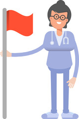 Female Doctor Character Holding Flag
