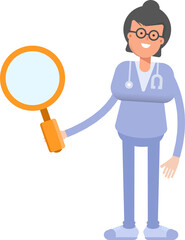 Female Doctor Character Holding Magnifier
