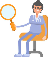 Female Doctor Character Sitting and Holding Magnifier
