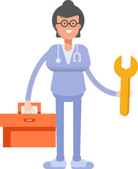Female Doctor Character Holding Toolbox and Wrench
