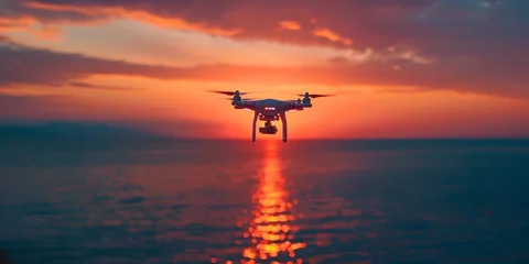 Fototapeten Drone in the Sky during Sunset Over Water, To provide a unique and artistic view of the sunset over water, showcasing the capabilities of drone © Bussakon