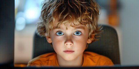 Young Boy Focused on His Computer Screen, To convey a sense of focus, attention, and engagement with the digital world, suitable for projects related
