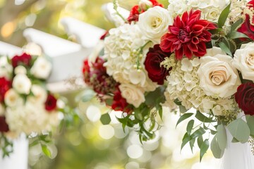 A white and red flower arrangement with white roses and red dahlias