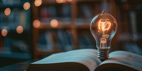 The concept of reading books seeking knowledge and generating new ideas represented by a light bulb
 - obrazy, fototapety, plakaty