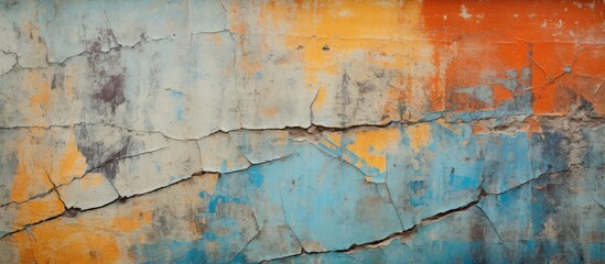 A detailed view of a concrete wall with peeling paint, showcasing a colorful and textured grunge background. The cracked paint adds a sense of decay and weathering to the surface.