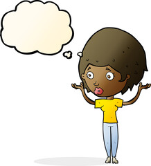 cartoon woman raising hands in air with thought bubble