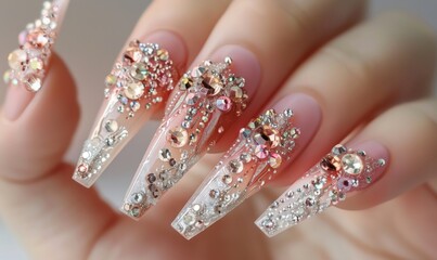 Acrylic nails adorned with sparkling gemstones and intricate embellishments