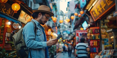 Man Checking Phone on Busy Asian Street, To provide a relatable and striking image for use in advertising, marketing, and design materials focused on
