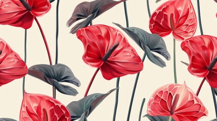 Pattern design incorporating exotic red anthurium flowers in a trendy botanical illustration