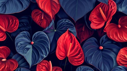 Pattern design incorporating exotic red anthurium flowers in a trendy botanical illustration