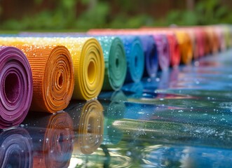 Row of Colorful Yoga Mats Rolled Up on Wet Surface