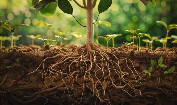 Delicate roots of a plant extending into the soil, symbolizing the foundation and growth of life in the earth