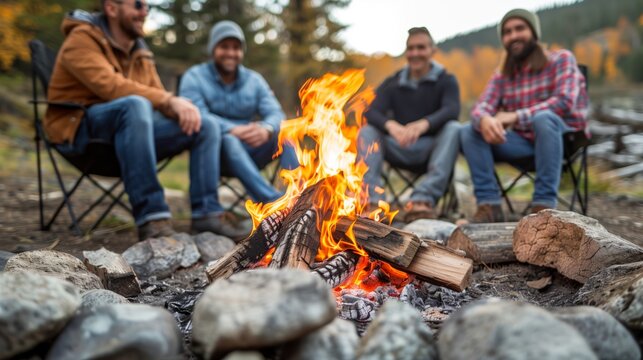 family enjoy a campfire in the forest. Holiday Traveling. Outdoor activity.