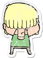 distressed sticker of a cartoon boy with untidy hair