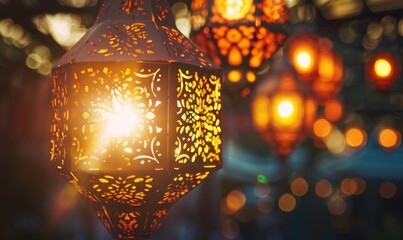 Traditional Eid Mubarak lantern adorned with intricate Arabic calligraphy and geometric patterns
