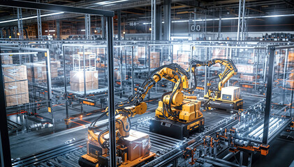 Robotic arms working in a modern automated warehouse Robotic process automation concept.
