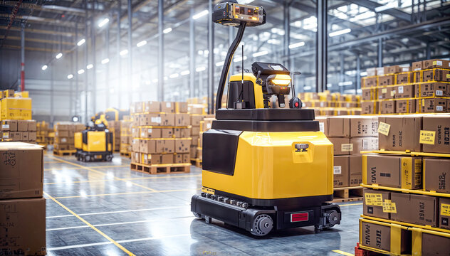 The autonomous mobile robot is used in modern warehouses to transport goods