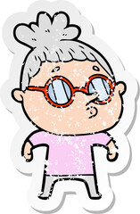 distressed sticker of a cartoon woman wearing glasses