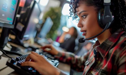 Call center operator wearing a headset and speaking with a customer, surrounded by computer monitors and office equipment - obrazy, fototapety, plakaty