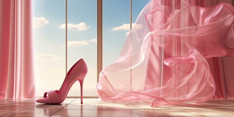 A stylish pink high heel shoe stands alone by a window, surrounded by flowing transparent curtains