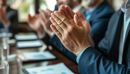 Obraz premium Group of business people applauding at successful meeting or presentation, detail to clapping hands. Generative AI