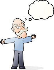 cartoon old man spreading arms wide with thought bubble