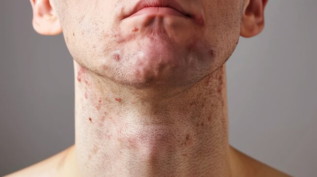 Close-up of man's skin with many ingrown hairs. Facial skin of an adult male with inflammation.