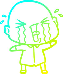 cold gradient line drawing cartoon crying bald man