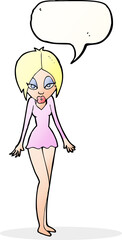 cartoon woman in short dress with speech bubble