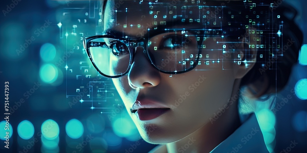 Aufkleber close-up on woman face with glasses with computer code reflecting on them, data analyst, big data an