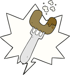 cartoon sausage on fork and speech bubble