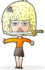 cartoon woman with knife between teeth