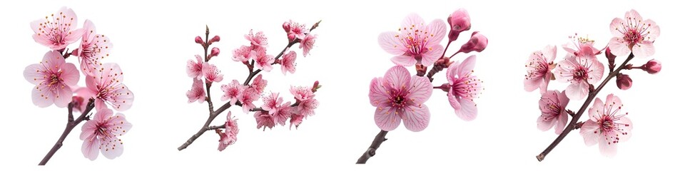 Set of cherry blossom branches isolated on transparent background
