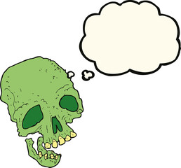 cartoon ancient spooky skull with thought bubble