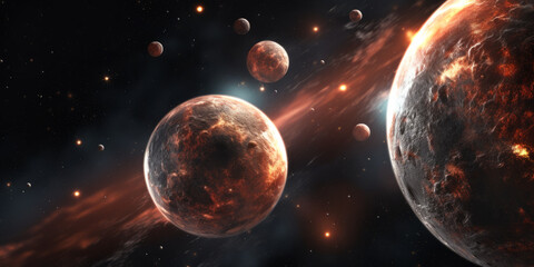 Planetary collision in outer space scene with fiery debris and multiple moons. - obrazy, fototapety, plakaty