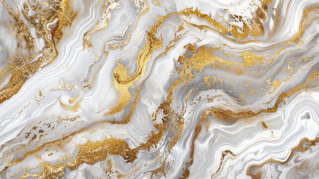 Horizontal image of a textured white and gold marble background