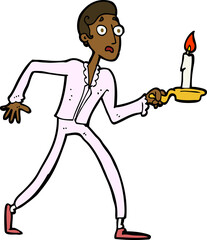 cartoon frightened man walking with candlestick