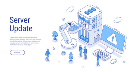 Isometric server update in electric blue outline. Programmers upgrading operating system. IT specialists updating software, programs and applications. Technical error and service.